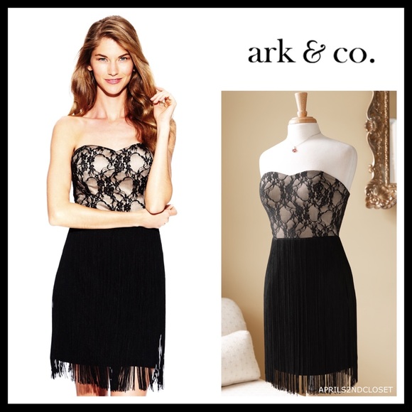 Ark & Co Dresses & Skirts - STRAPLESS BUSTIER BLACK LACE BOHO FRINGE DRESS A3C